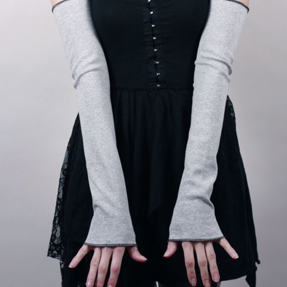 Long Cotton Arm Warmers Gray Armwarmers Grey Sleeves Warm Fingerless Gloves Goth - Picture 3 of 3